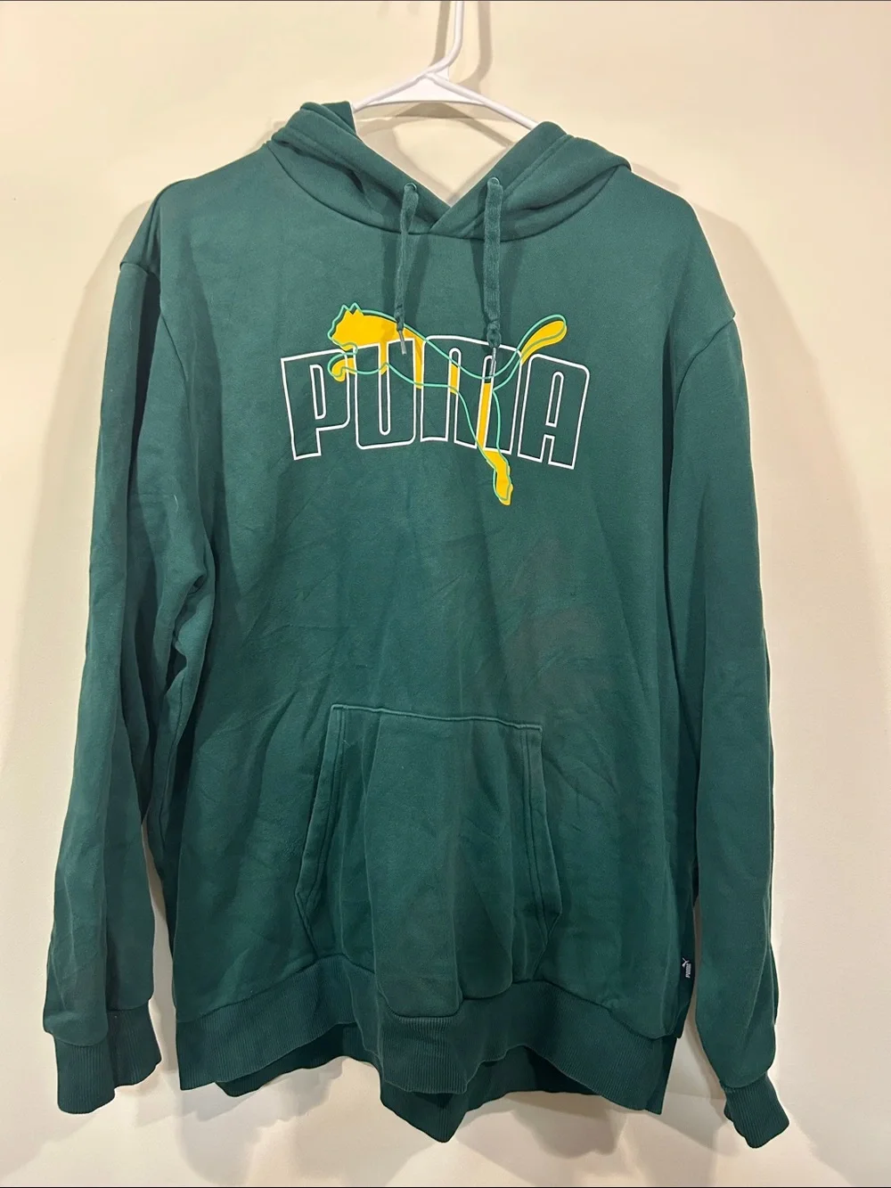Puma Men’s Teal Green Logo Crewneck Hoodie with Yellow Accent